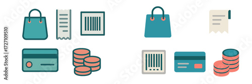 Colorful icons illustrating shopping and payment activities including bags, receipts, and cards in a modern design