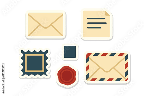 Collection of postal items including envelopes, a stamp, and a wax seal on a light background