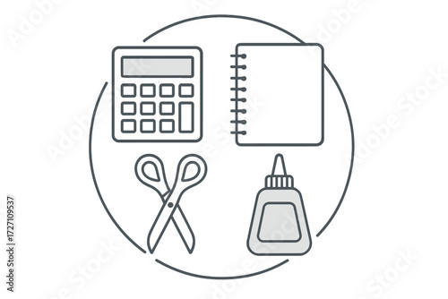Office supplies arranged in a simple graphic design featuring calculator, notebook, scissors, and glue