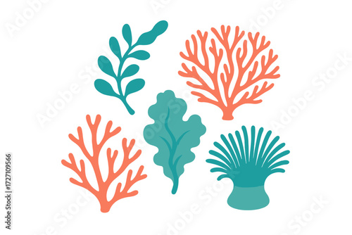 Colorful coral illustrations showcasing various sea plants and corals in a playful design suitable for marine-themed art