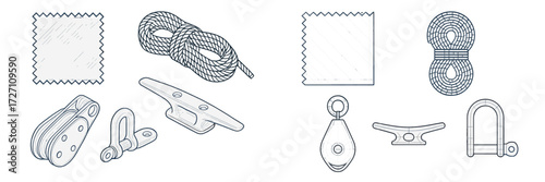 Various marine hardware components including ropes, cleats, and pulleys for boating applications