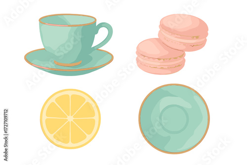 Bright pastel tea set with macaroons and lemon illustrations inviting a fresh afternoon mood