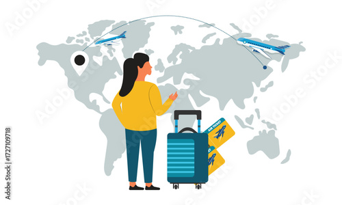 A businesswoman with suitcases standing in front of a world map with location pins and airplanes