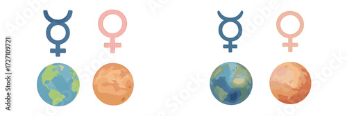Symbols of planets showing gender representation and astrological significance in a creative artistic design