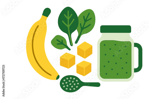 Healthy smoothie ingredients featuring banana, greens, and sweetener cubes displayed on a clean background