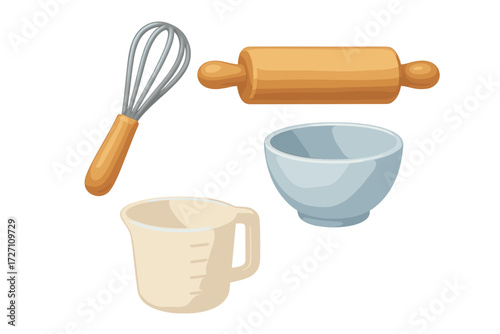 Kitchen utensils for baking and cooking displayed in a simple arrangement with a whisk, rolling pin, bowl, and measuring cup