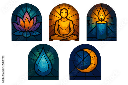 Stained glass art featuring spiritual symbols including lotus, Buddha, candle, water drop, and crescent moon