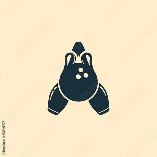 Bowling pins and ball icon, stylized, dark blue on beige background.