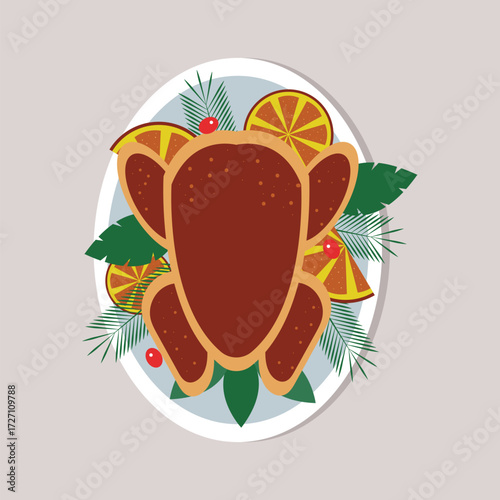 A beautifully presented roasted turkey sits atop a decorative platter