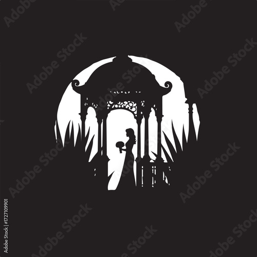 Silhouette bride holding bouquet in ornate gazebo against moon