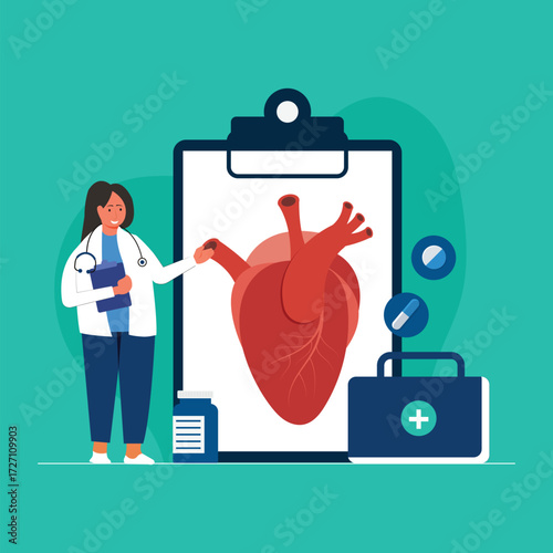Cardiologist concept. Heart disease. Cardiology and circulatory system treatment. Female Doctor patient help