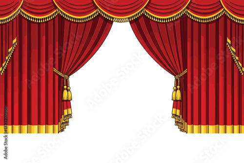 Elegant red stage curtains with golden tassels isolated on white background, perfect for adding a touch of drama and sophistication to any design or presentation vector