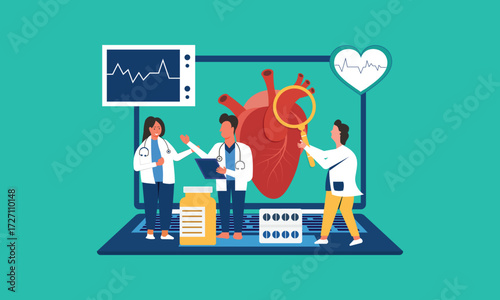 Medical research of cardiovascular health, heart by tiny doctors with magnifying glass