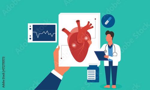 Modern medical equipment, virtual reality therapeutic technology, doctor together study human heart