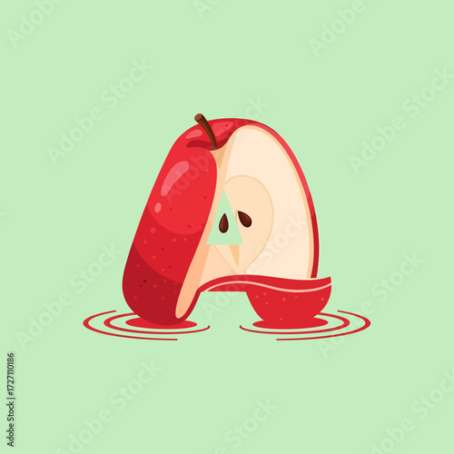 A vibrant illustration of a red apple cut in half and shaped like the letter 'A', with juice pooling around its base on a light green background.