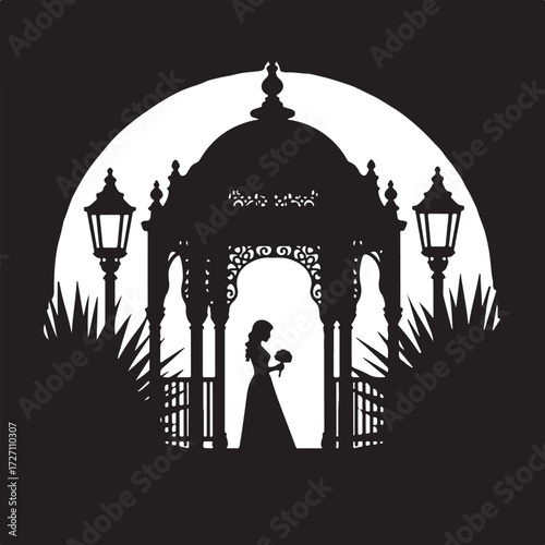 Silhouette bride holding bouquet in ornate gazebo against moon