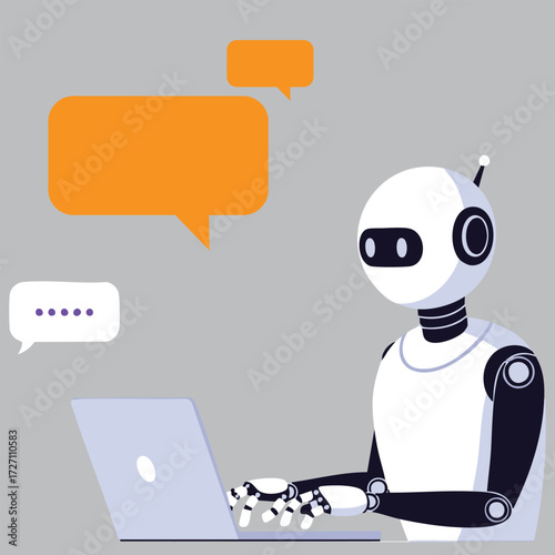 Robot using laptop with speech bubbles, artificial intelligence and communication