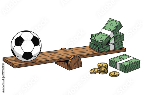 Conceptual illustration of a soccer ball and money on a seesaw, symbolizing the balance between sports and finance isolated on white background vector