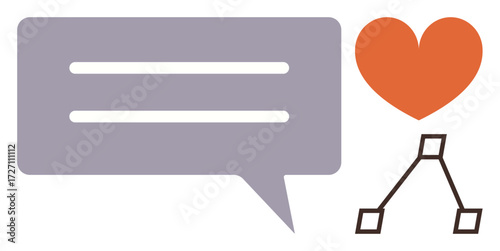 Speech bubble with text lines, orange heart, and network diagram. Ideal for teamwork, relationships, communication, healthcare, collaboration empathy and networking concepts. Simple flat metaphor