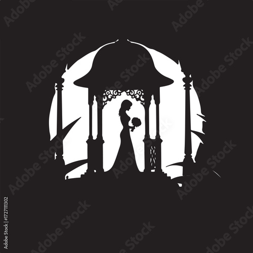 Silhouette bride holding bouquet in ornate gazebo wedding
