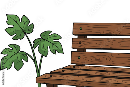 A tranquil scene a wooden bench nestled beside a lush green plant isolated on white background, inviting relaxation and contemplation vector
