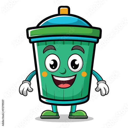 A cheerful cartoon trash can character with expressive eyes and a wide smile, standing on its own legs with outstretched arms. Ideal for educational and fun content.