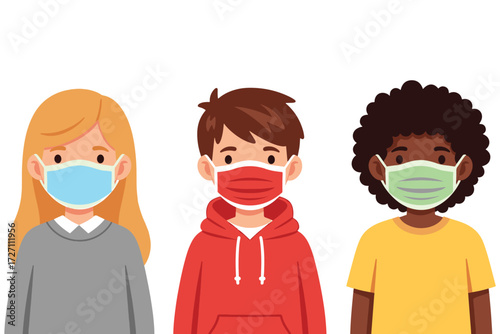 Diverse group of children wearing protective face masks isolated on white background, symbolizing health, safety, and the importance of preventing the spread of illness vector