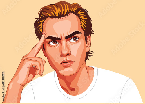 Man thinking with finger on temple, deep in thought and problem solving