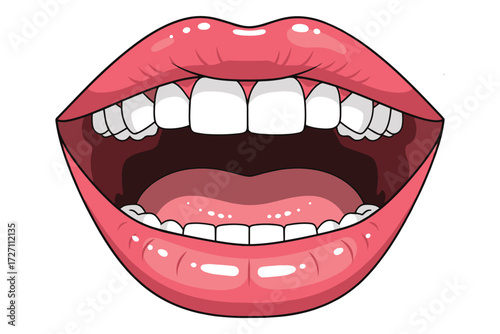 Illustration of open mouth with white teeth and pink lips isolated on white background, showcasing oral health and dental hygiene concept art vector