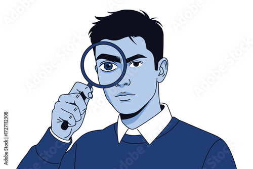 Illustration of a man with magnifying glass isolated on white background, exploring the concept of investigation and observation in detail vector