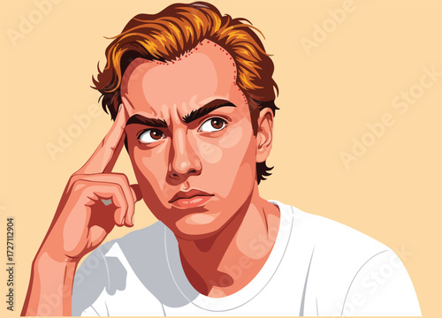 Man with furrowed brow and finger on temple in deep thought illustration