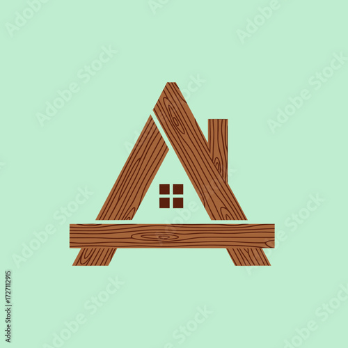 Wooden house logo featuring an A-shaped frame with a small square window and chimney.