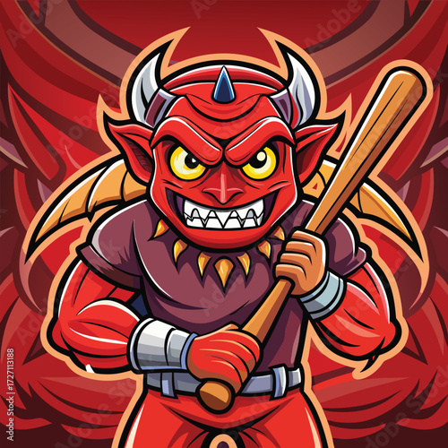 A menacing cartoon devil with sharp teeth and devil horns grips a baseball bat. Its determined expression suggests a powerful and aggressive presence, ideal for sports or gaming themes.