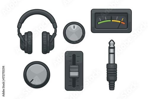 Various audio equipment components illustrating sound and music control settings