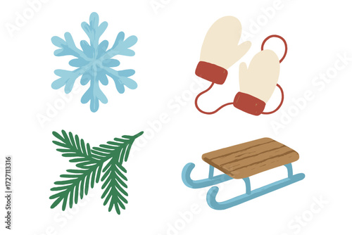 Fun winter activities with snowflakes, sleds, and mittens for outdoor play