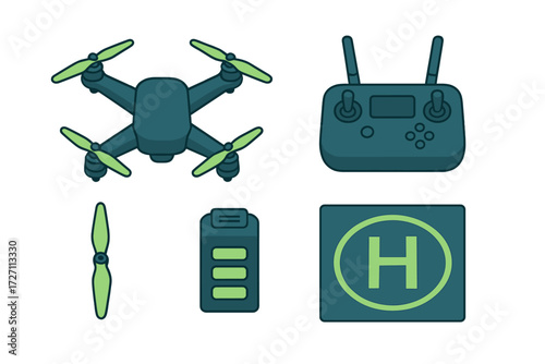 Drone equipment collection showcasing a drone, remote controller, battery, propeller, and helipad symbol for aerial activities