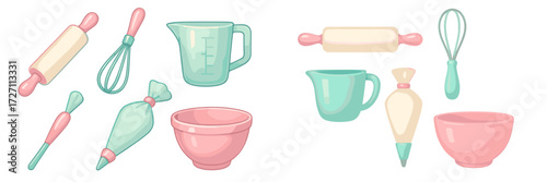 Colorful kitchen tools and baking utensils arranged neatly on a counter in a bright space