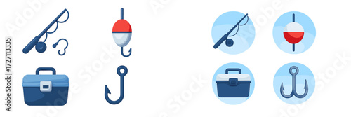 Fishing equipment displayed with various tools and accessories for anglers in a simple design layout