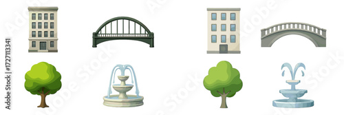 Urban landscape elements include buildings, bridges, trees, and fountains in a simple design