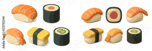 Colorful sushi variety displayed on a white background with different types including nigiri, maki, and sashimi