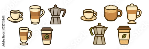 Variety of coffee drinks and brewing methods displayed in a colorful and playful style