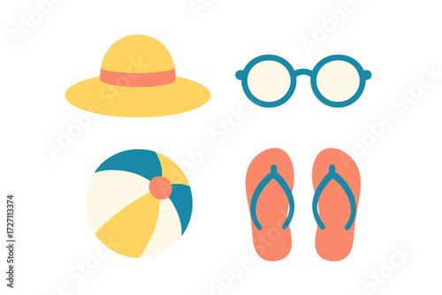 Summer beach essentials include sunglasses, flip flops, a sun hat, and a colorful beach ball