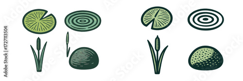 Patterns of nature in a simple illustration of lily pads, reeds, and stones in a serene water setting