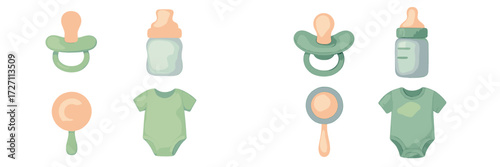Cute baby accessories including pacifiers, bottles, and onesies in pastel green colors