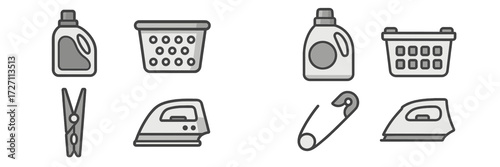 Laundry essentials including detergent, baskets, and ironing tools arranged on a simple background