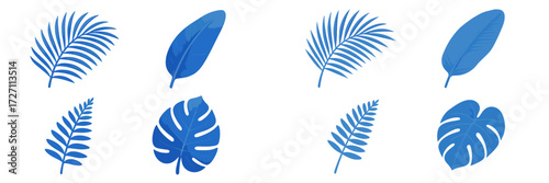 Blue tropical leaves arranged in a creative pattern for a vibrant design project in a bright and colorful setting