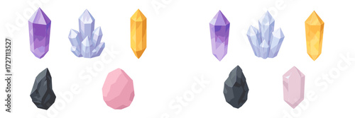 Colorful collection of various crystals showcasing different shapes and colors arranged neatly on a light background