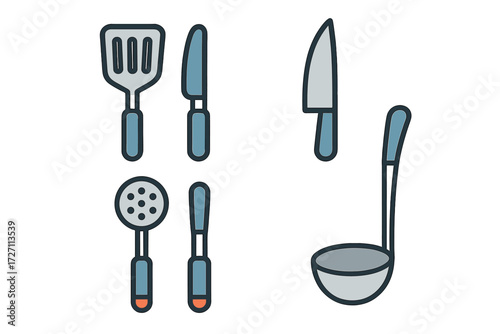 Kitchen utensils arranged for cooking preparation in a modern design with various tools for dining and meal preparation
