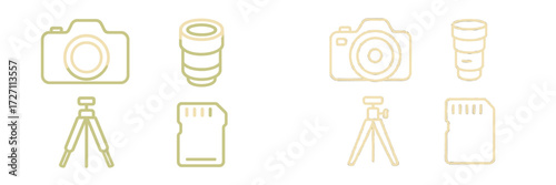Photography equipment including cameras, lenses, tripods, and memory cards displayed in a simple layout