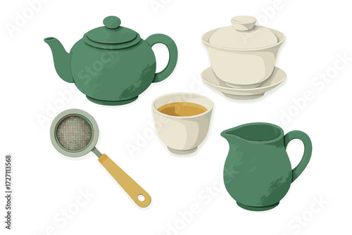 Modern tea set featuring teapot, cup, cream jug, and strainer in green and cream colors displayed on a clean background
